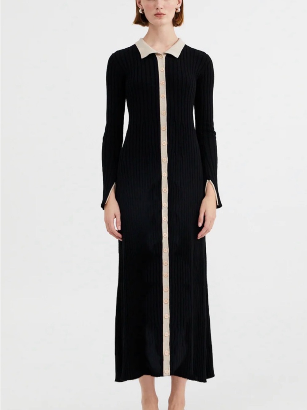 Black Ribbed Button-Front Midi Dress with Cream Trim